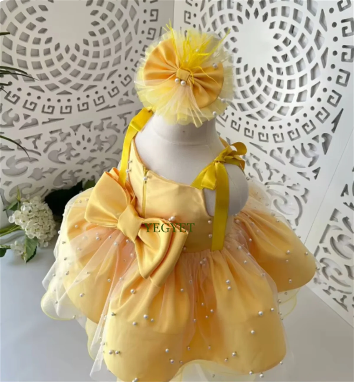 CustCute Yellow Satin Bow Baby Girl Party Dress Photo Shoot Toddler First Birthday Gown Girls Baptism Gifts Baby Gift 12M 24M