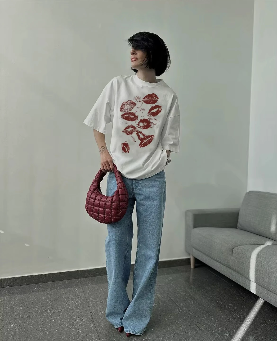 Trendy Y2k Street American Sexy Lips Printed T-shirt Summer Ins Women Cotton Soft Sleeves Oversized Retro Personality Gothic Top