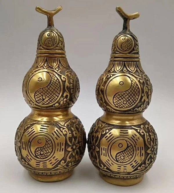 Chinese Old Brass Handmade Carved gourd statue 2 pieces