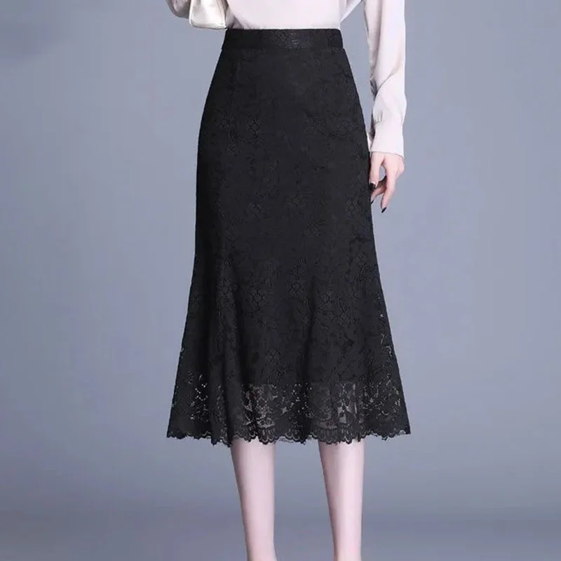 Faldas largas coreanas de cola de pez para mujer, falda larga de encaje a la moda de verano para mujer, falda larga de cintura alta de talla grande 4XL