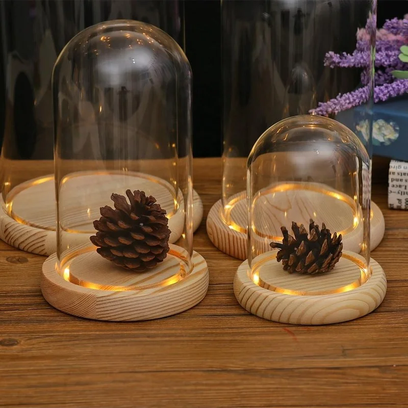 Glass Dome Wooden Base Container Tabletop Display Glass Cover Dry Flower Ornaments Craft Dust Bell Jar Terrarium Landscape Vase