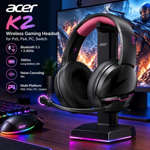 Acer K2 Wireless Gaming Headset for Ps5, Ps4, PC, Switch Bluetooth 5.3+2.4GHz 100Hrs Gaming Headphones with Noise Canceling Mic