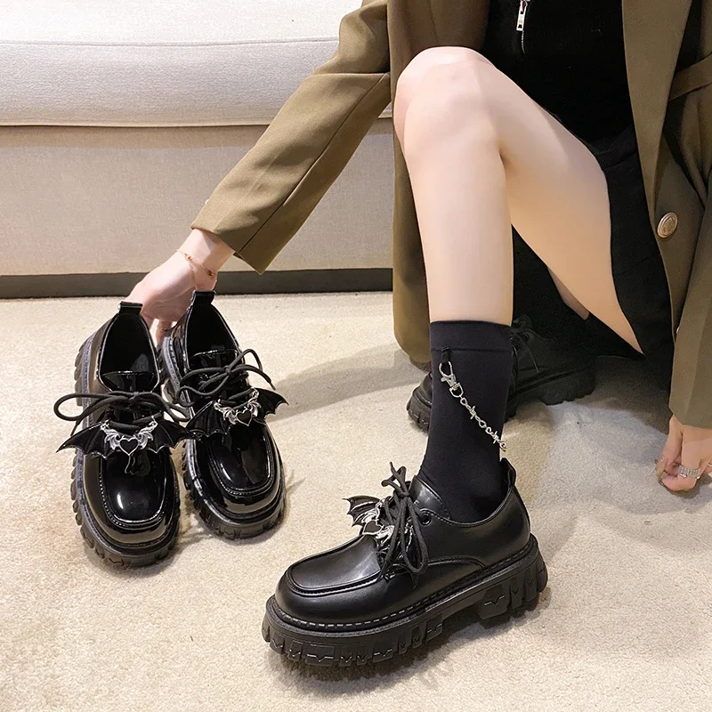 Metal Chain Platform Lolita Gothic Shoes Woman 2023 Spring College Style Patent Leather Pumps Women Japan School Uniform Shoes