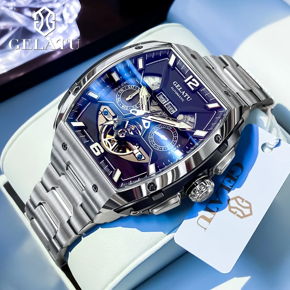 

Мужские часы GELATU, топовый бренд, из тонкой стали, с циферблатом в форме бочки, сапфировым стеклом, автоматическим механическим механизмом, с усилителем тяги, светящиеся в темноте.