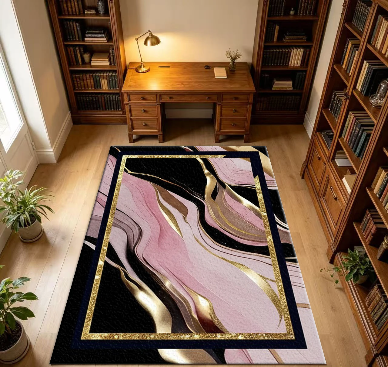 Pink Black Gold Marble Swirl Glitter Frame Non-Slip Carpet Home Floor Decoration