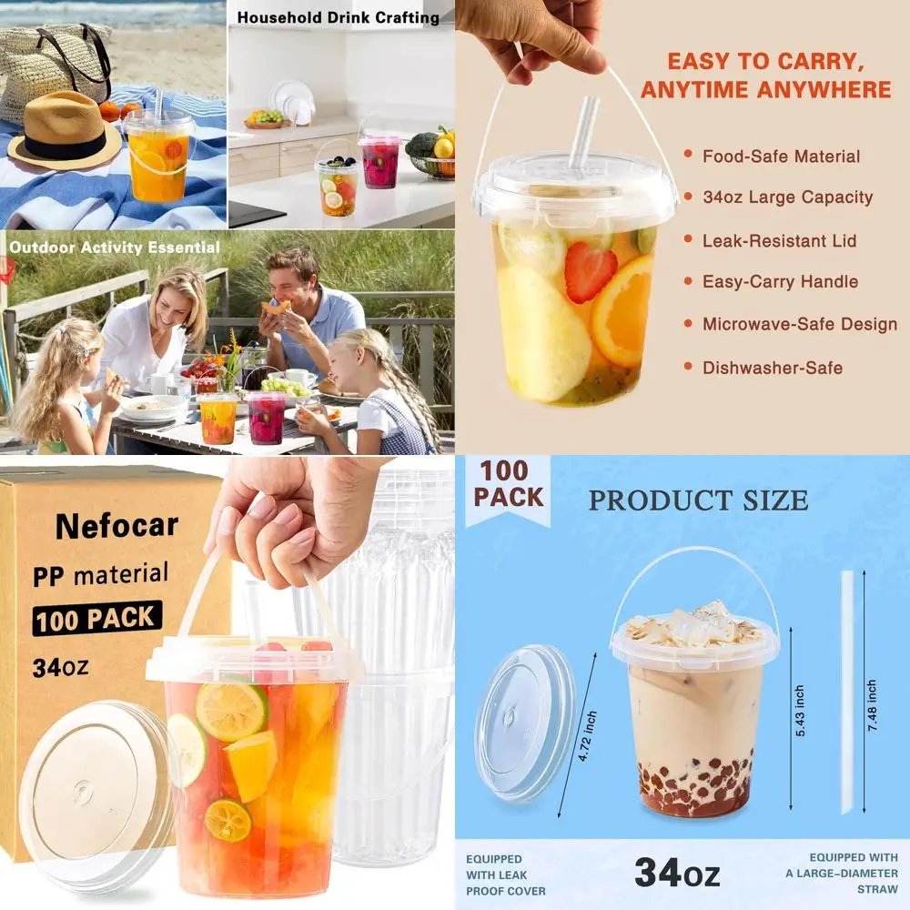 

Набор одноразовых стаканов 34 унции с крышками и соломинками, идеально подходит для холодного кофе, смузи и летних напитков