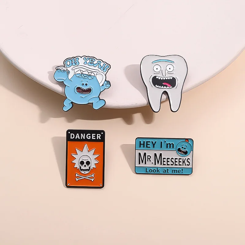 Danger Skeleton Warning Signs Enamel Pin Hey I'M Mr.Meeseeks Look At Me Crazy Anime Brooch Lapel Badges Jewelry Fans Gift