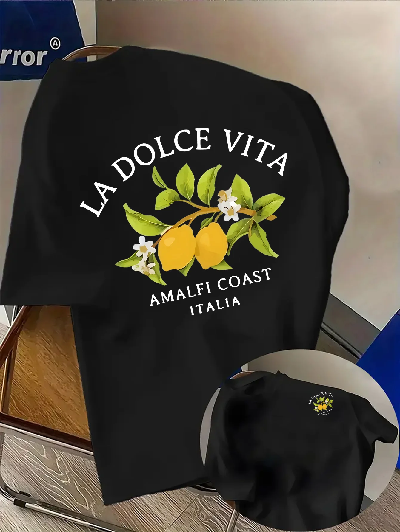 Amalfi Coast Lemon Branch Print with La Dolce Vita Text on  Cotton Mens T Shirt Great for Summer Vacation and Casual Outings