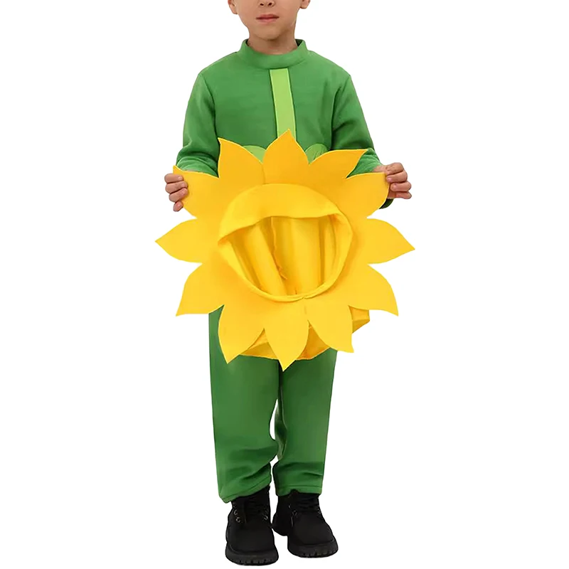 Kids Sunflower Costume with Hat Halloween Jumpsuit for Boys and Girls Cute Children s Day Cosplay Outfit Funny Floral Dress