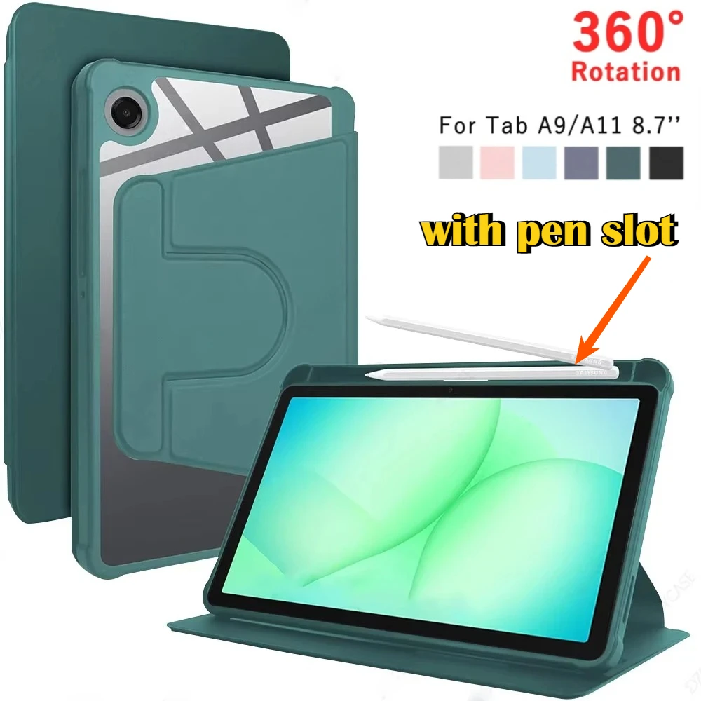 

360° Rotating PU Stand Case for Samsung Galaxy Tab A11 A9 8.7'' 2025 2023 X110 X133 Plus 11" Clear Back Cover with Pencil Holder