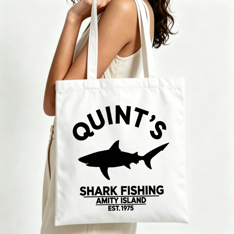 shark graphic canvas tote bag with typography print, ideal for casual shopping and daily outings