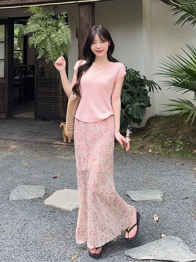 

plus Size Fashionable Summer Outfit Pure Desire Style Short Sleeve U-Neck Top Floral Fish Tail Half Skirt Korean Style Commute