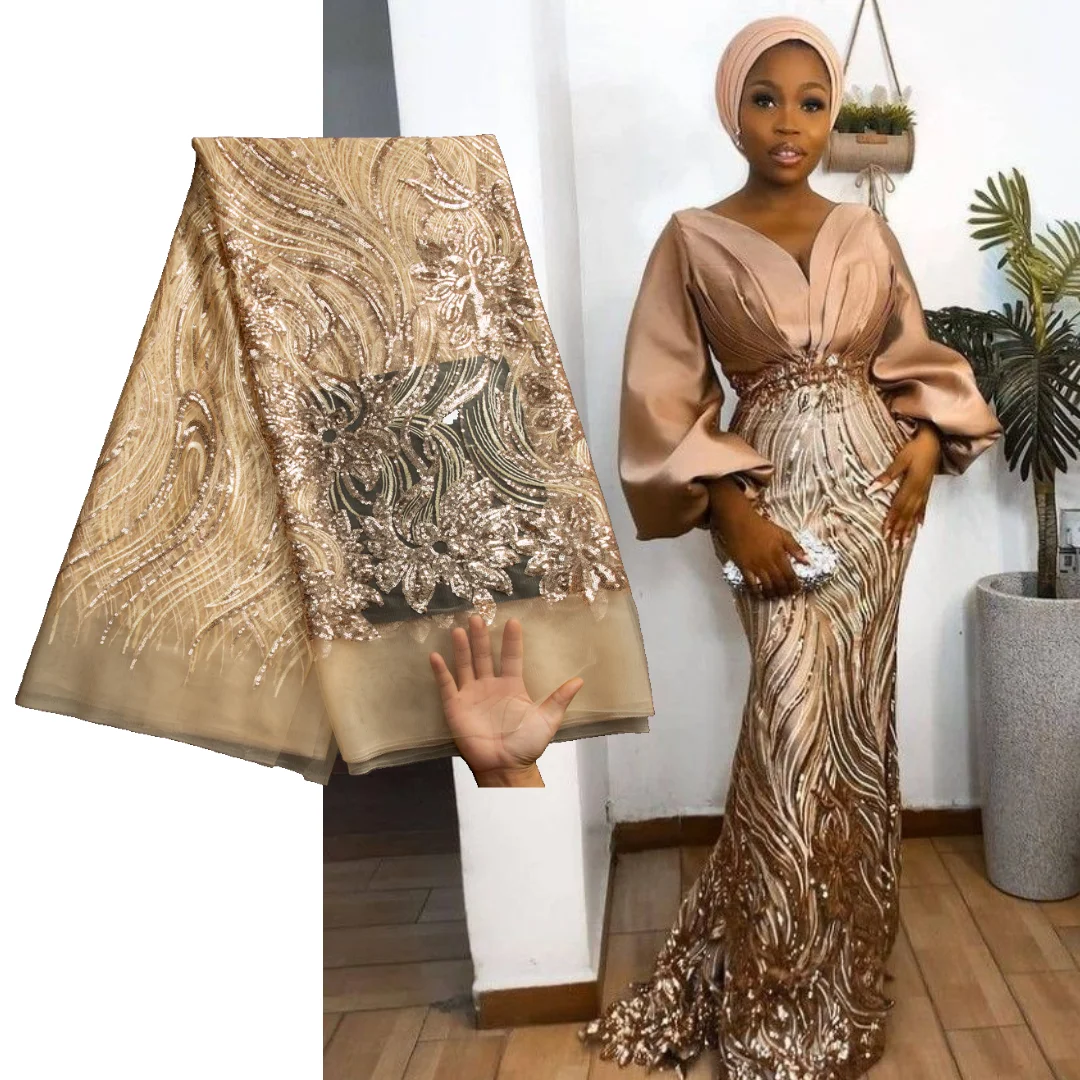 

SJD French Lace Fabric 2025 High Quality Tulle Sequins Lace 5 Yards African Luxury Sequins Mesh Lace For Women Evening Dresses