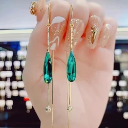 Temperament Green Purple Zircon Earrings Dangle Women Gold Color Long Tassel Earring Party Wedding Ear Jewelry Girls Gifts K0
