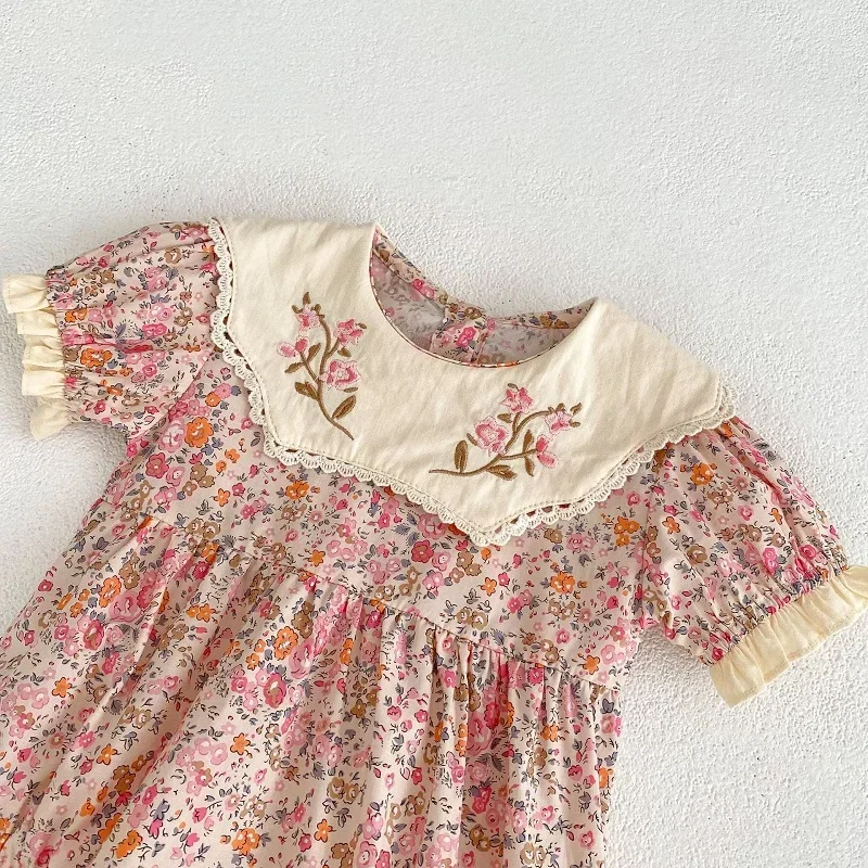 INS Baby Girl Romper 0-2Years Newborn Princess Short Sleeve Embroidered Collar Flower Bodysuit Cotton One-Pieces Summer Clothes