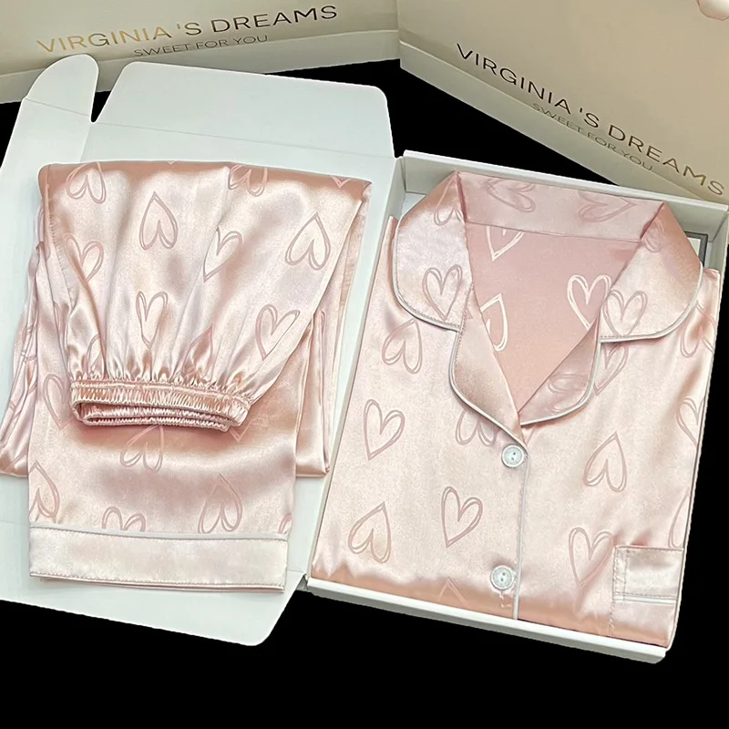 بيجامة من الحرير الجليدي للسيدات بأكمام طويلة من الدانتيل مميز مكون من قطعتين ملابس منزلية حلوة ملابس نوم للسيدات باللون الأزرق ملابس للاستلقاء