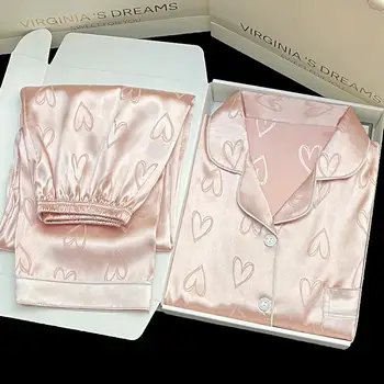 冰絲睡衣女士長袖蕾絲高級兩件式甜美家居服愛心藍色女士睡衣休閒服 10 最佳銷售 女士睡衣套裝 - №6