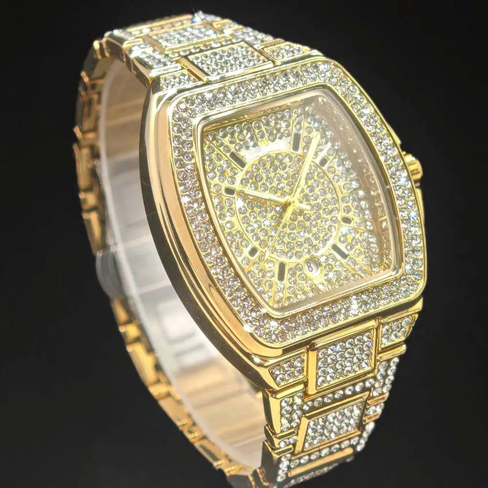 Luxury Gold Watch Men Brand UNIGUET Hip Hop Ice Diamond Quartz Clocks Male Fashion Tonneau Wristwatch With Calendar Dropshipping