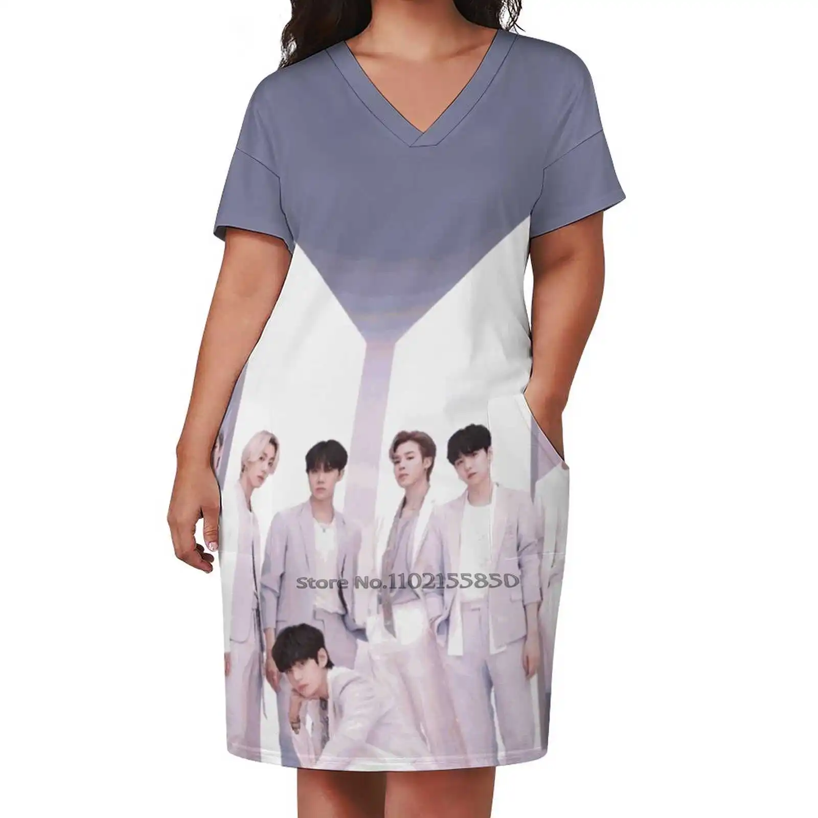 Loose Pocket Dress Fashion Print Dress Short Sleeve V-Neck A-Line Dress Namjoon Rm Jin Seokjin Yoongi Suga Hoseok Jhope Jimin