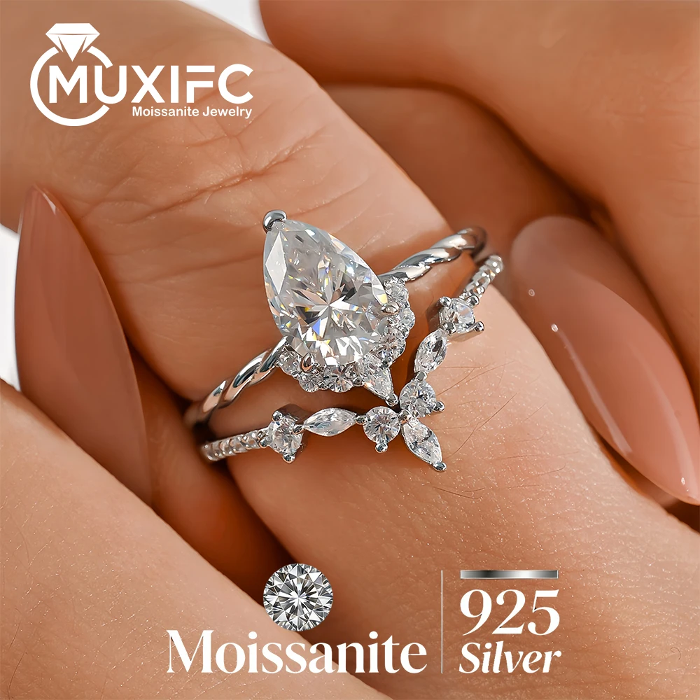 

6*9mm Pear Cut Full Moissanite Stackable Ring Set for Women 925 Sterling Silver Twisted Band Engagement Wedding Jewelry Gift
