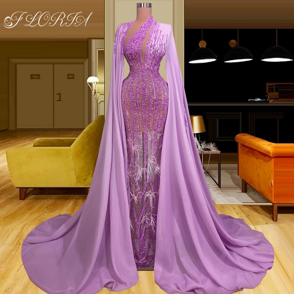 Middle East Lavender Mermaid Formal Party Gown with Shawl Luxury Beaded Feathers Dubai Evening Dress Custom Made Robe De Mariee