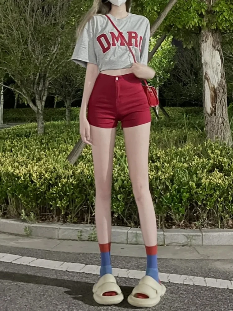 

Облегающие джинсовые брюки с высокой талией, женские эластичные летние модные шорты трапециевидной формы, большие размеры, модные брюки красного цвета