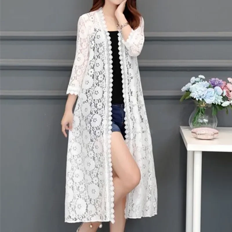 Women Lace Cardigan Mid-length Summer Mesh Shawl Loose Over-the-knee Sun Protection Clothing Women Jacket Shirt Outerwear