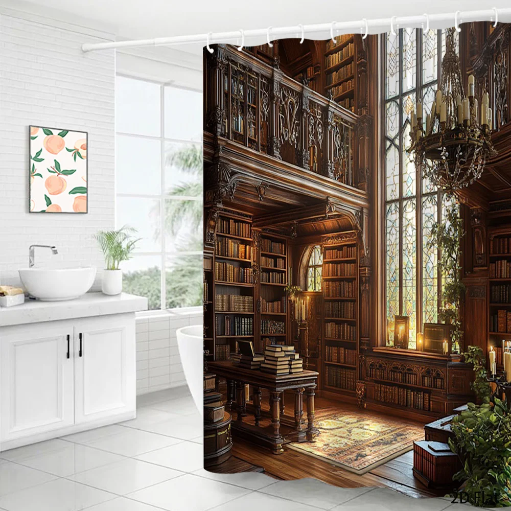 Detailed Vintage Library Shower Curtain Polyester Waterproof Gothic Academia Bookshelf Bathroom Decor Liner