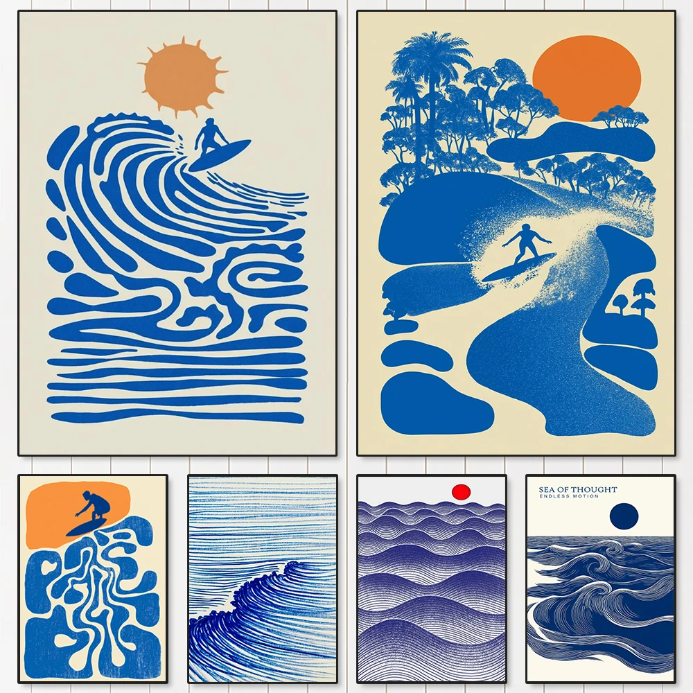 Retro Abstract Surfing Summer Series Canvas Poster - Frameless Minimalist Blue Tones Canvas Wall Art for Living Room Decortions