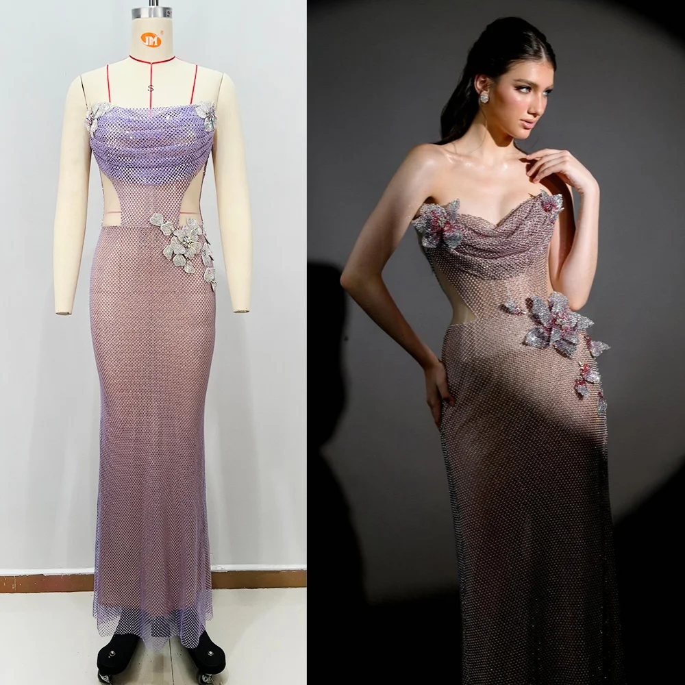 女性用ダイヤモンド装飾シアーマキシドレス、カットアウトディテール、ストラップレス、バックレス、ファッションイベント、パーティードレス、2025年、ベスティドス