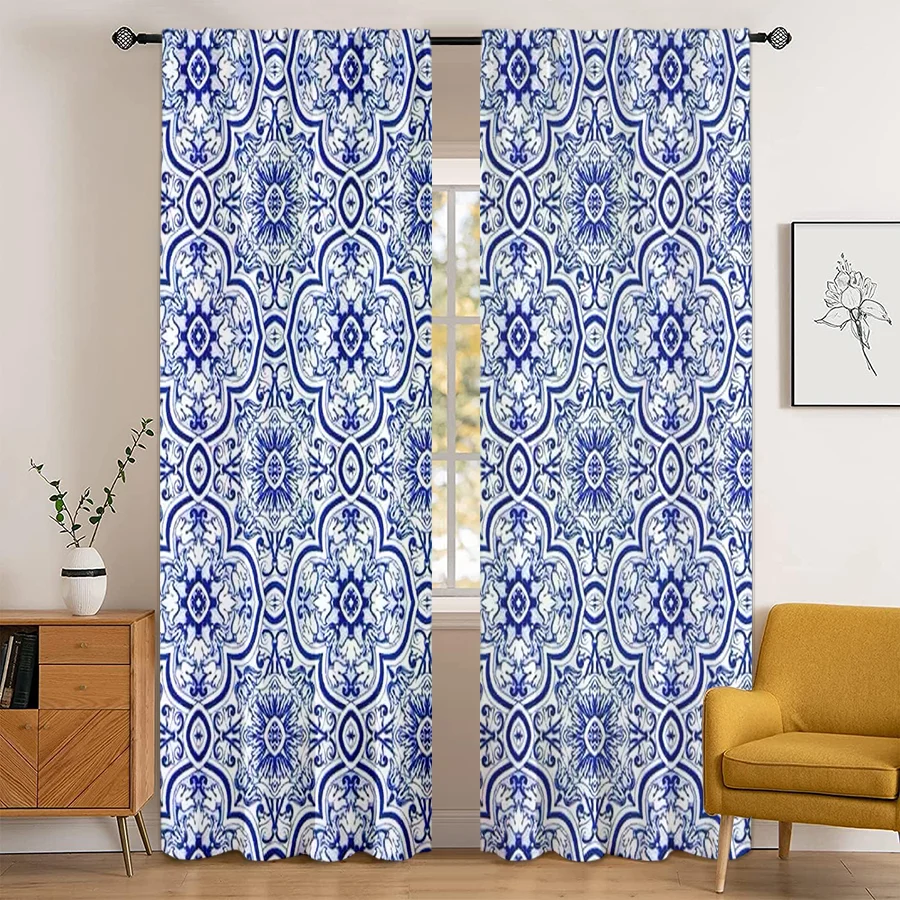2PCS Blue White Porcelain Print Curtains, Moroccan Tile Pattern Floral Window Drapes for Bedroom Living Room Home Decor
