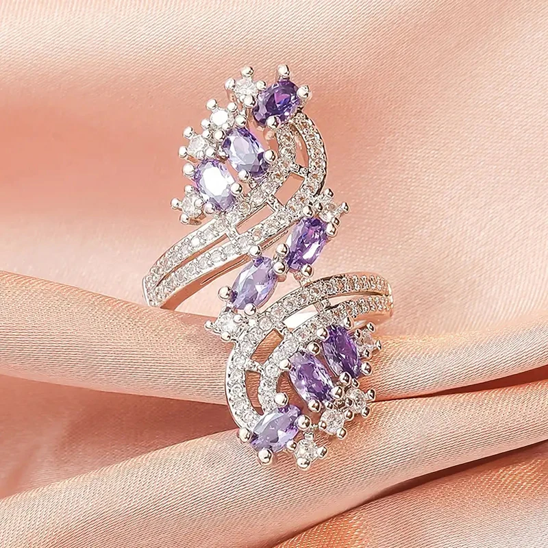 Huitan Gorgeous Women Rings White/Garnet/Purple/Blue Cubic Zirconia Aesthetic Bridal Rings for Wedding Party Drop Ship Jewelry