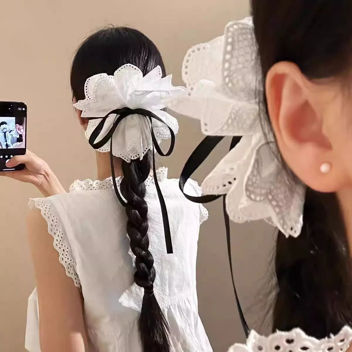 Französische weiße Spitzen-Haarspange mit Schleife, elegante Haarklammer für Damen, große Blumen-Haarschmuck-Accessoire