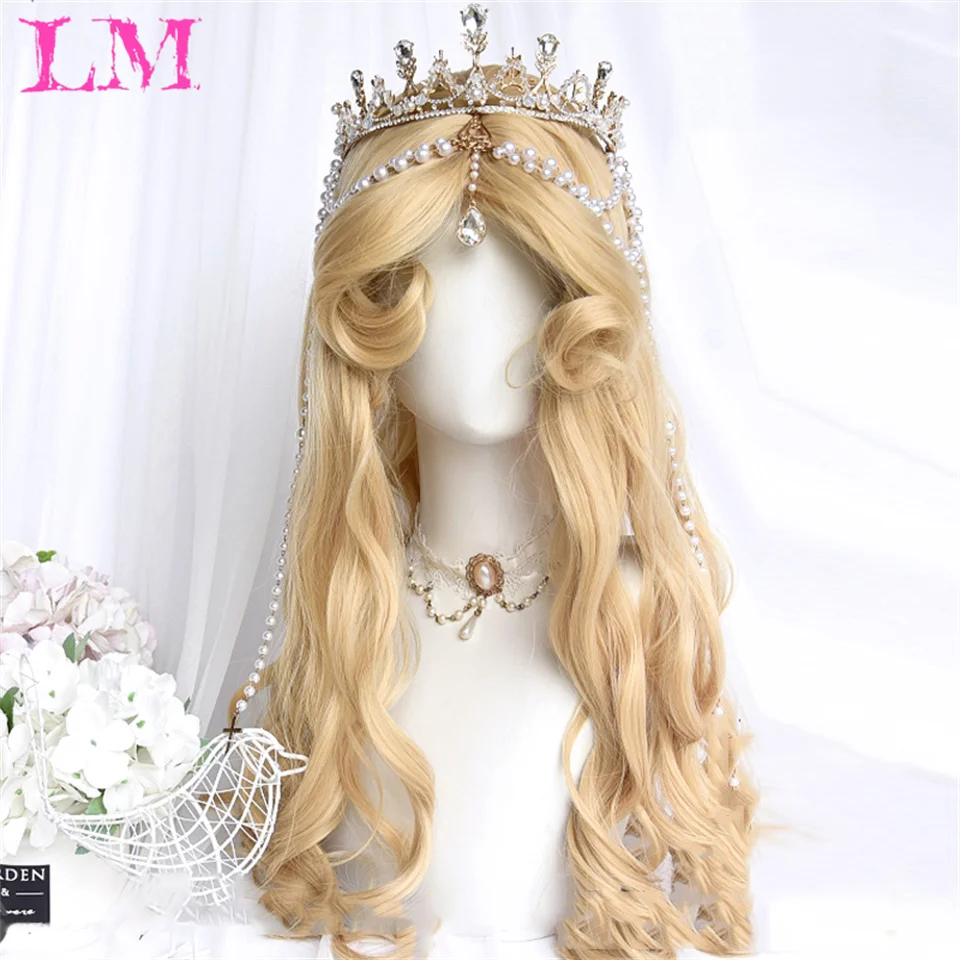 LM Long Natural Wavy Platinum Blonde Wigs With Bangs Cosplay Party Lolita Synthetic Wigs for Women Heat Resistant Fiber