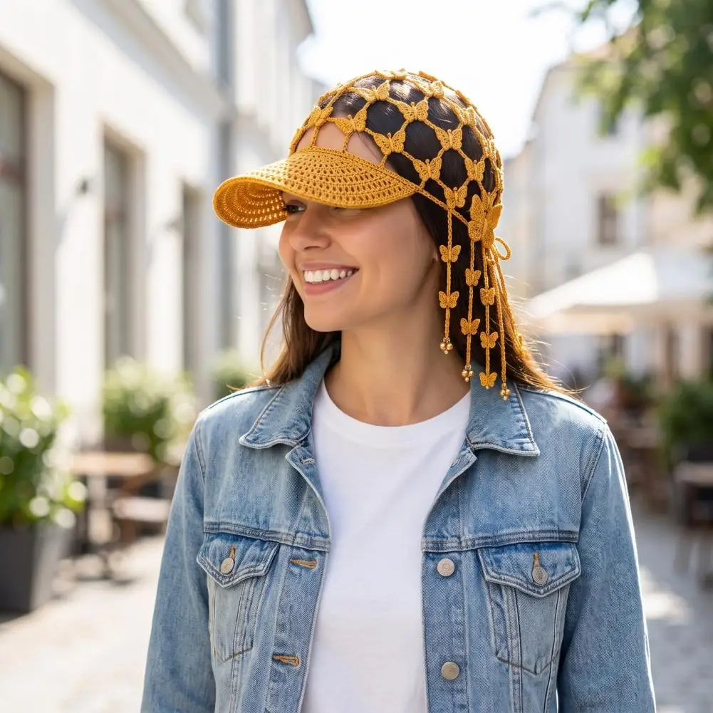 Breathable Summer Beach Hat for Girls Bohemian Crochet Baseball Cap for Women Boho Crochet Baseball Cap with Tassels for Summer