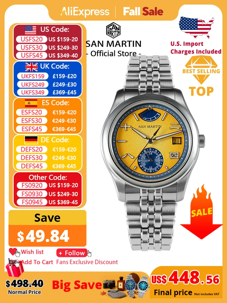 

San Martin 39mm Miyota 9132 Power Reserve Display Men Luxury Sport Watch Automatic Mechanical Waterproof Original Design SN0144