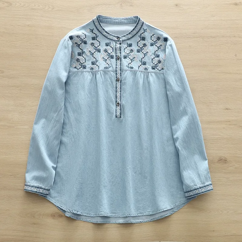 2025 Ethnic denim shirts long sleeve blouses for women autumn Mexican style boho blue embroidery jean shirts