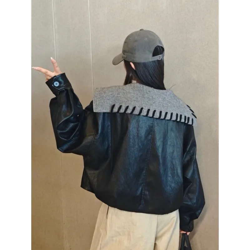 Onecozyday 2025 سترة جلدية نسائية أنيقة مقصوصة بياقة مدببة وأكمام طويلة معطف غير رسمي فضفاض ملابس خارجية