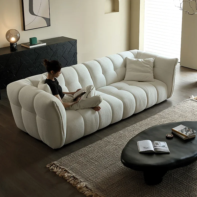 

-Pumpkin Sofa Modern Minimalist Living Room French Style Cream Retro Straight Lined Alpaca Fabric Sofa