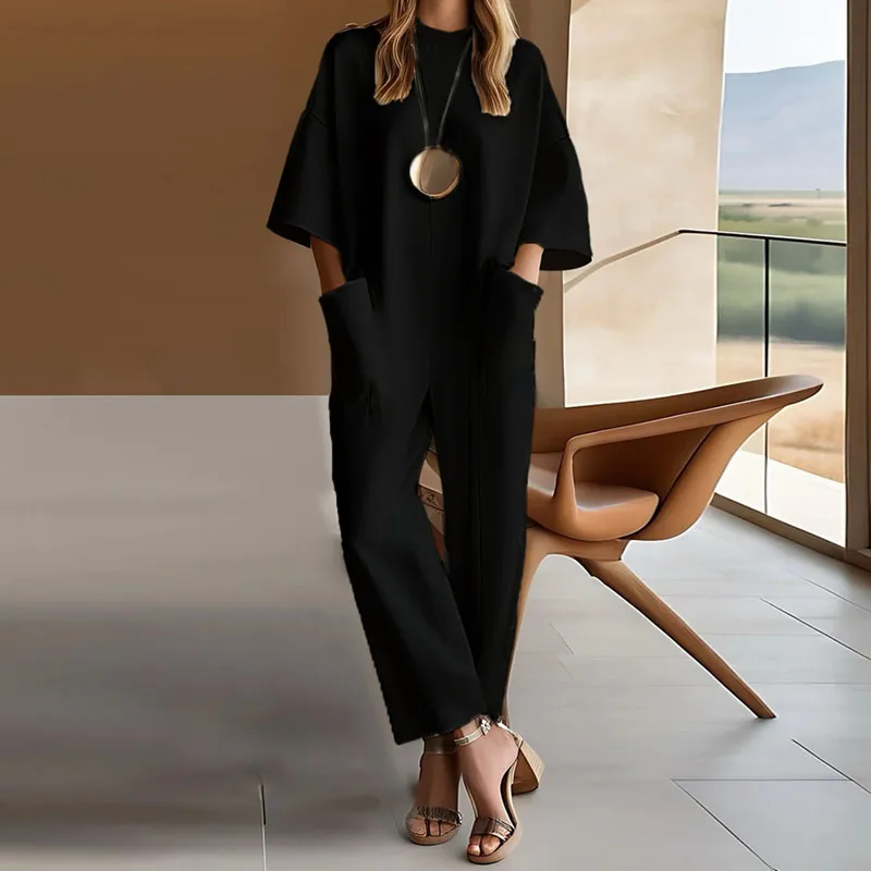 BWQ Autumn Solid Spliced Half Sleeve Women Jumpsuit Casual O Neck Pockets Romper Overalls Vintage Loose Zipper Office Lady