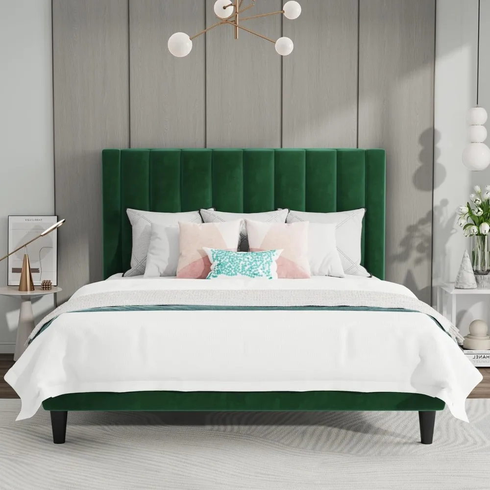 Green Bed Frame/Velvet Upholstered Platform Bed Frame with Headboard/Strong Wood Slats Support/Mattress Foundation for Girl