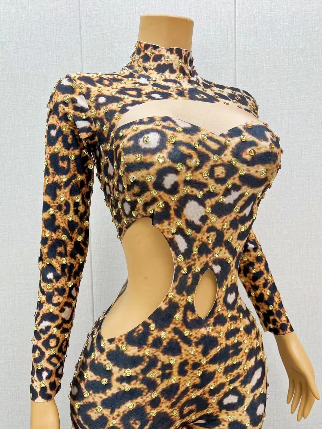 Sexy Leopard Print Crystals Jumpsuit Hollow Waist Rhinestones Nightclub Bar Club Stage Wear Skinny Elastic Performance Clothes