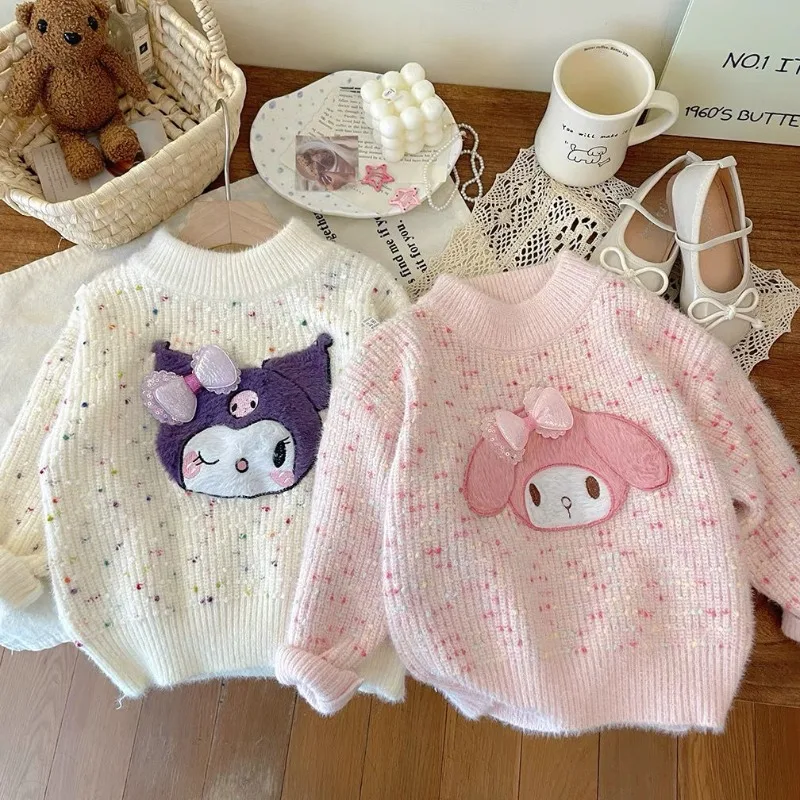 

Cute Kuromi Winter Knitted Sweater Cartoon Kawaii Sanrio My Melody Plus Velvet Thickened Non-pilling Sweater Children's Gift