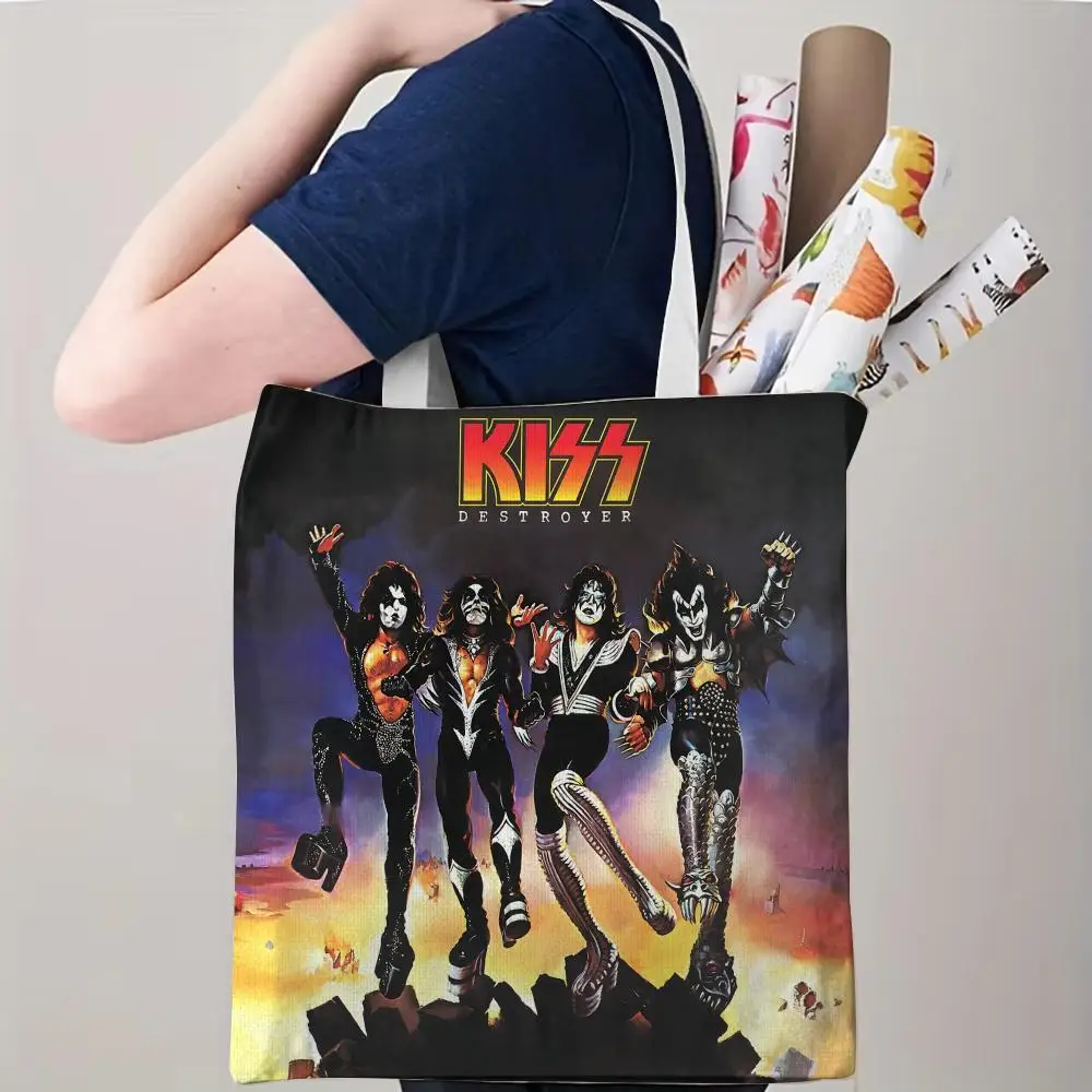 Band K-Kiss Storage Bags Canvas Double-Sided Print Tote Bag Large Capacity Shoulder Fashion Shopping Handbag