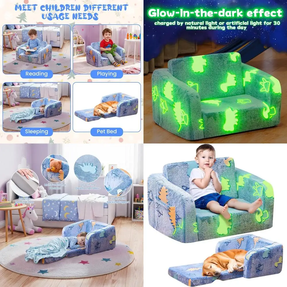 

Детский диван-трансформер с тематикой динозавров, идеально подходит для детской комнаты или игровой зоны, светится в темноте