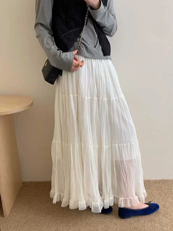 Korean Gentle Pleated Chiffon A-Line Midi Skirt Women's 2026 Spring New Hanging Sensation Slimming Umbrella Skirt Long Skirt