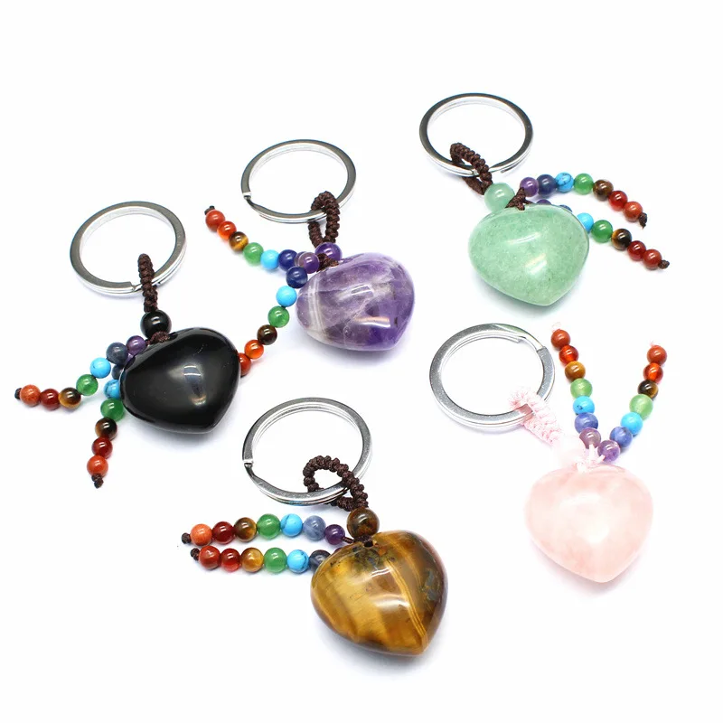 Heart Natural Crystal Keychains 7 Chakra Healing Stone Pink Quartz Tiger Eye Keyring Silver Color Car Key Holder Decor