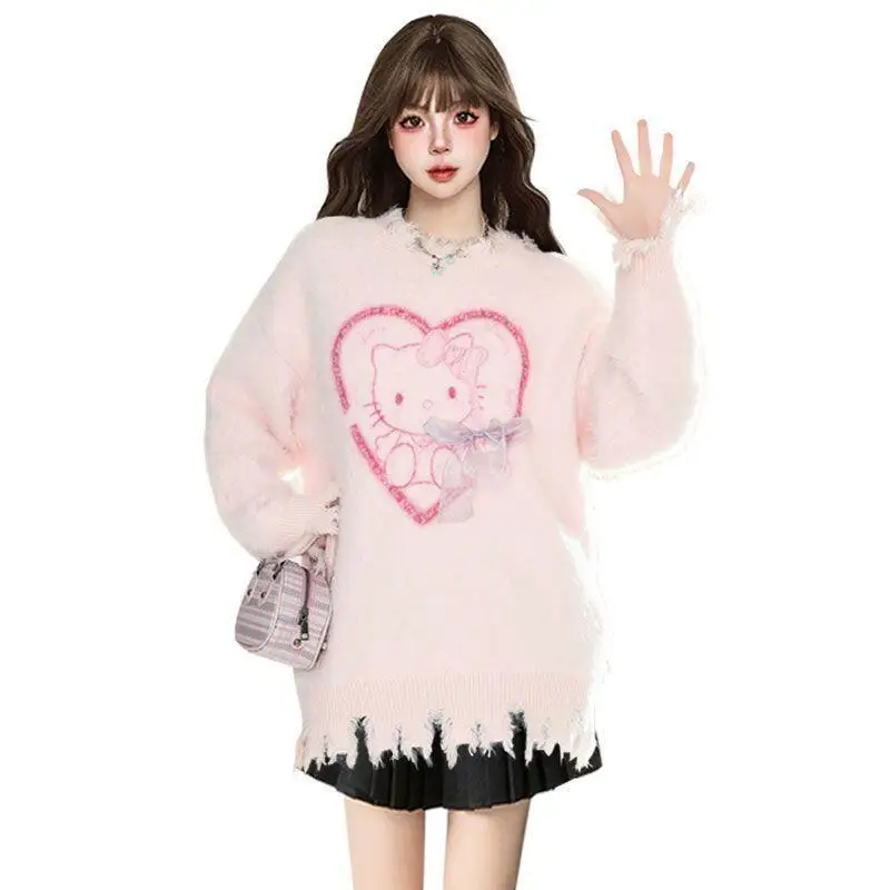 

Свитер Sanrio Girl Hello Kitty Kawaii, модный студенческий повседневный свитер с круглым вырезом, осенне-зимний трикотаж, пуловеры, топы, новый стиль