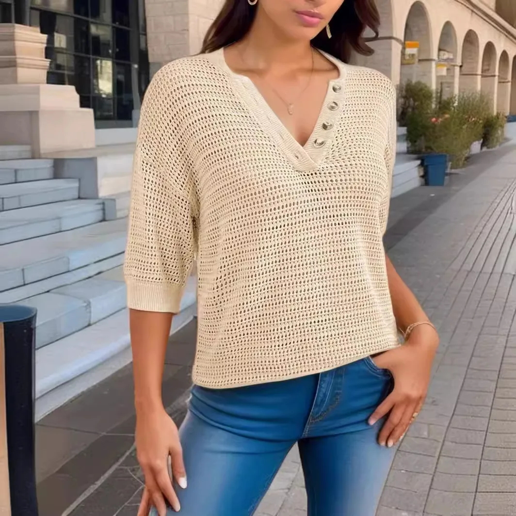 2026 New Off-spring and Summer Leisure V-neck Cut-out Knitwear Women's Pullover Short-sleeved Knitwear