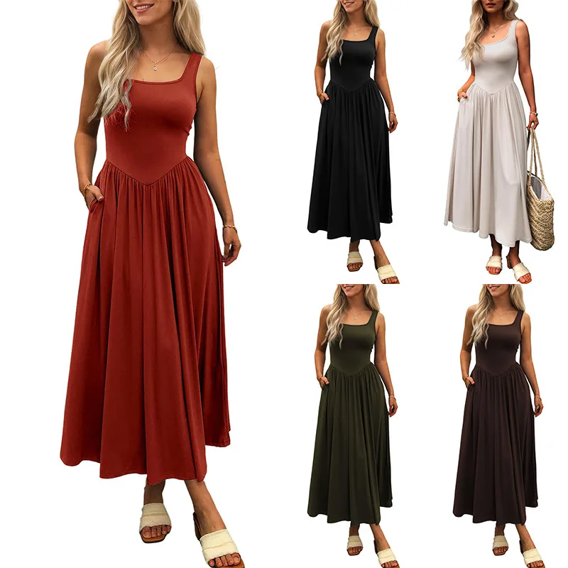 2025 Summer New Simple Solid Color Women Sleeveless Pleated Dress Fashion Square Neck Female Wide Strap Dresses